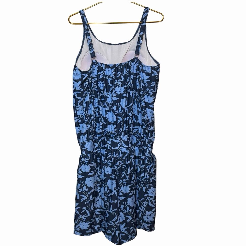 Plus Size Swim Romper 18 20 Blue Floral Pockets Lined Beach Vacation Swimsuit - Picture 3 of 16